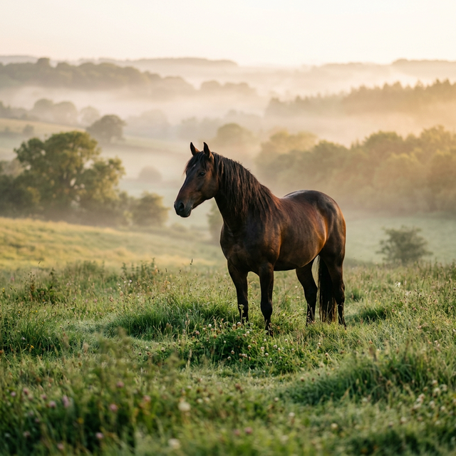 Cheval majestueux dans une prairie normande au lever du soleil