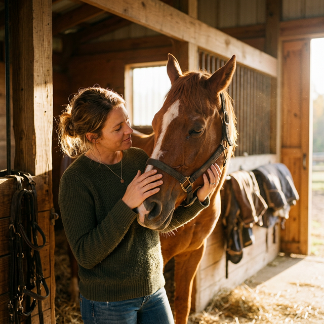 Bénévole prenant soin d'un cheval sauvé